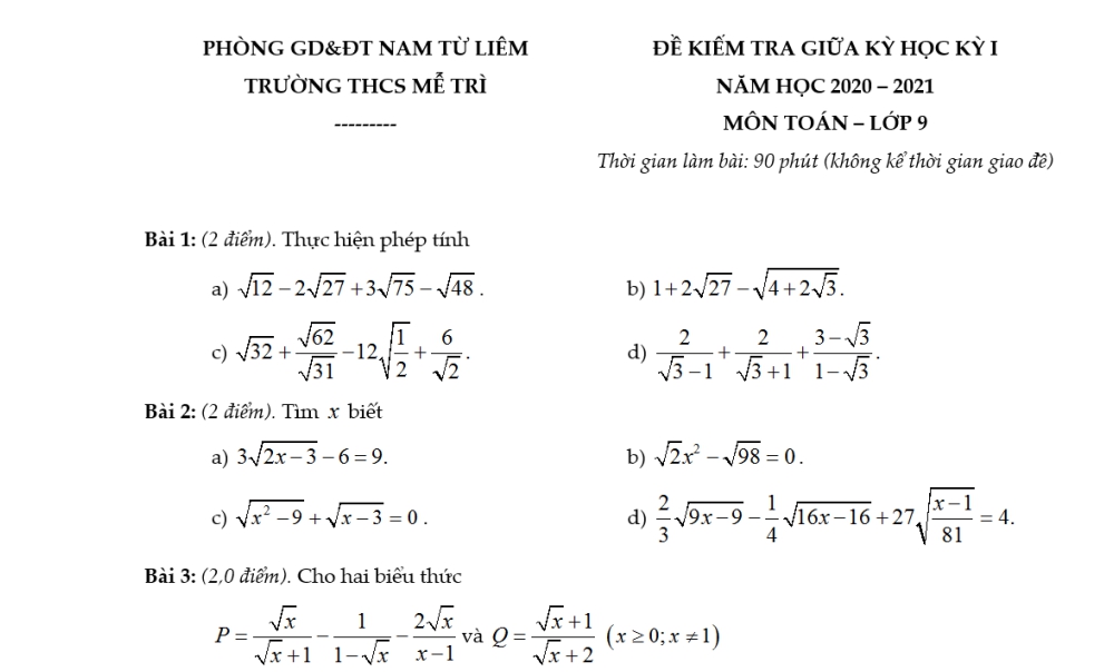 Toán 9: Đề kiểm tra giữa học kỳ 1. Trường THCS Mễ Trì năm học 2020-2021